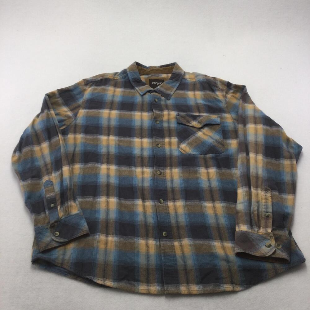 CQR Shirt Mens 2XL Blue Yellow Plaid Flannel Long Sleeve Button Up Casual Pocket